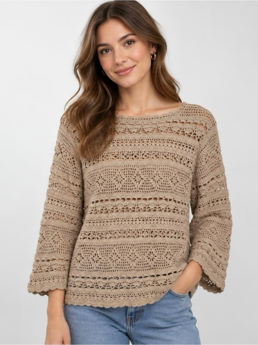 Valerie Stevens Beige Crochet Scoop Neck Top